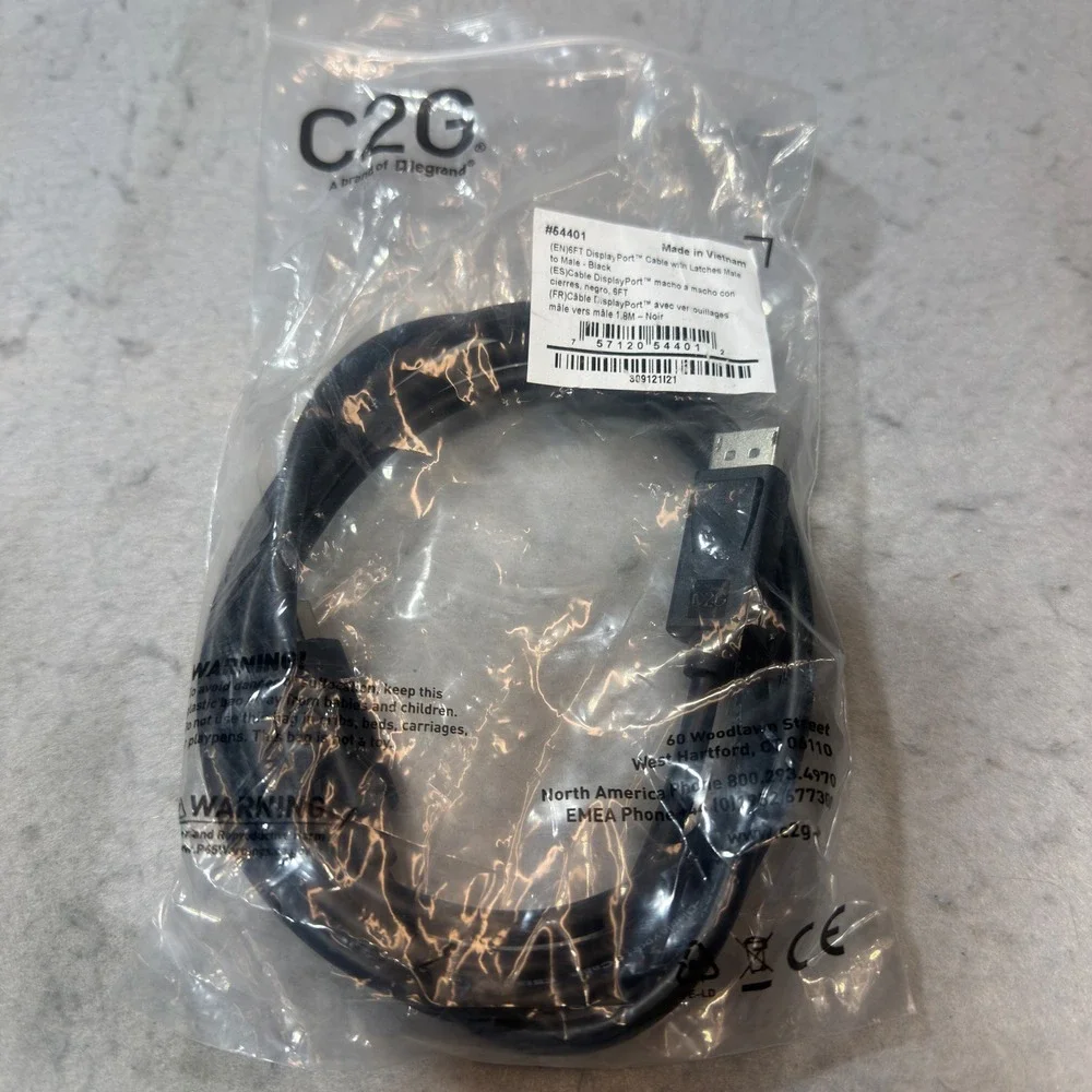 C2G DisplayPort Cable Unisex 6FT Black Latched Male to Male 54401 New In Package